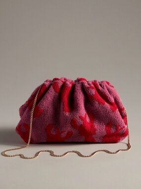 Anthropologie Pink and Red Bouclé Cloud Clutch with Gold Chain